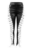 Black Fashion Sexy Patchwork Bandage Hollowed Out Skinny High Waist Pencil Trousers