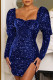 Blue Sexy Solid Sequins Patchwork Frenulum Backless Square Collar Dresses