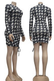 Black White Casual Print Split Joint Draw String Fold O Neck One Step Skirt Dresses