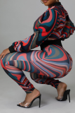 Colour Sexy Print Split Joint Zipper Collar Long Sleeve Two Pieces
