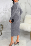 Silver Casual Solid Split Joint Off the Shoulder Waist Skirt Dresses