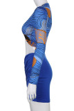 Blue Sexy Print Hollowed Out Patchwork Asymmetrical V Neck Long Sleeve Two Pieces