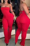 Red Fashion Casual Solid Backless Strapless Skinny Jumpsuits