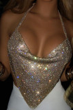 Gold Sexy Solid Patchwork Frenulum Backless Asymmetrical Hot Drill V Neck Tops