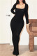 Black Fashion Casual Solid Basic U Neck Long Sleeve Dresses