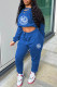 Blue Fashion Casual Print Letter V Neck Long Sleeve Two Pieces