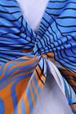 Blue Sexy Print Hollowed Out Patchwork Asymmetrical V Neck Long Sleeve Two Pieces
