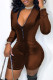 Coffee Fashion Casual Solid Patchwork Zipper Collar Skinny Romper