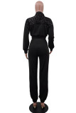 Black Fashion Casual Patchwork Sequins Zipper Collar Long Sleeve Two Pieces