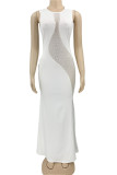 White Sexy Solid Patchwork See-through Hot Drill O Neck Straight Dresses