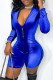 Blue Fashion Casual Solid Patchwork Zipper Collar Skinny Romper