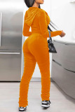 Orange Yellow Fashion Casual Solid Fold Hooded Collar Long Sleeve Two Pieces
