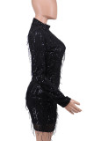 Black Sexy Solid Sequins Split Joint O Neck One Step Skirt Dresses