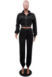 Black Fashion Casual Patchwork Sequins Zipper Collar Long Sleeve Two Pieces