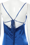 Blue Sexy Solid Patchwork Backless Slit Fold Spaghetti Strap Straight Dresses