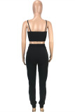 Black Casual Sportswear Solid Cardigan Vests Pants Long Sleeve Three-piece Set
