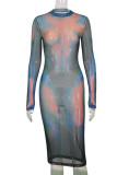 Multicolor Sexy Print Patchwork See-through O Neck One Step Skirt Dresses