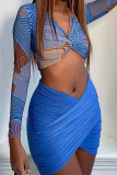 Blue Sexy Print Hollowed Out Patchwork Asymmetrical V Neck Long Sleeve Two Pieces