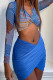 Blue Sexy Print Hollowed Out Patchwork Asymmetrical V Neck Long Sleeve Two Pieces