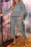 Grey Casual Print Patchwork O Neck Long Sleeve Two Pieces