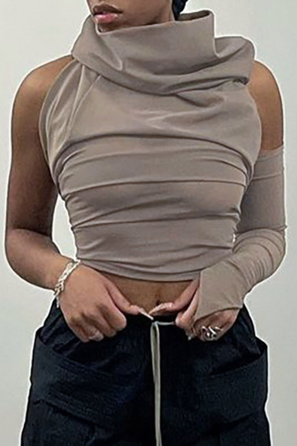 Brown Sexy Solid Patchwork Asymmetrical Hooded Collar Tops