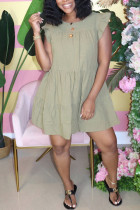 Light Green Sweet Ruffled Sleeve Sleeveless O-neck Cake Dress Knee-Length Solid Dresses