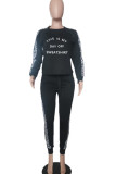Grey Casual Print Patchwork O Neck Long Sleeve Two Pieces