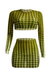 Yellow Gradual Change Print Polka Dot Patchwork See-through O Neck Long Sleeve Two Pieces