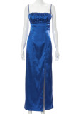 Blue Sexy Solid Patchwork Backless Slit Fold Spaghetti Strap Straight Dresses