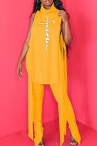 Yellow Fashion Print Slit Fold Turtleneck Sleeveless Two Pieces