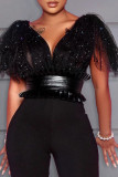 Black Sexy Solid Patchwork Stringy Selvedge V Neck Straight Jumpsuits