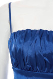 Blue Sexy Solid Patchwork Backless Slit Fold Spaghetti Strap Straight Dresses