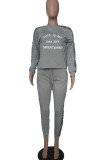 Grey Casual Print Patchwork O Neck Long Sleeve Two Pieces