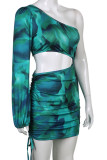 Green Sexy Print Hollowed Out Patchwork Draw String Frenulum Fold Oblique Collar One Step Skirt Dresses