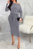 Silver Casual Solid Split Joint Off the Shoulder Waist Skirt Dresses