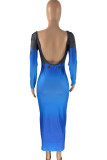 Blue Fashion Sexy Print Backless U Neck Long Sleeve Dresses