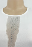 White Sexy Solid Patchwork See-through Hot Drill O Neck Straight Dresses