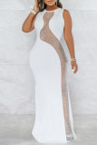 White Sexy Solid Patchwork See-through Hot Drill O Neck Straight Dresses