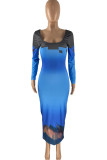 Blue Fashion Sexy Print Backless U Neck Long Sleeve Dresses