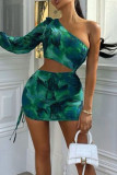 Green Sexy Print Hollowed Out Patchwork Draw String Frenulum Fold Oblique Collar One Step Skirt Dresses