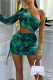 Green Sexy Print Hollowed Out Patchwork Draw String Frenulum Fold Oblique Collar One Step Skirt Dresses