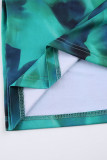 Green Sexy Print Hollowed Out Patchwork Draw String Frenulum Fold Oblique Collar One Step Skirt Dresses