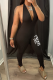 Black Sexy Print Patchwork V Neck Skinny Jumpsuits