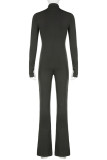 Grey Casual Print Patchwork Zipper Collar Boot Cut Jumpsuits