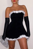 Black Fashion Sexy Solid Patchwork Backless Strapless Evening Dress (Without Gloves)