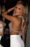 Gold Sexy Solid Patchwork Frenulum Backless Asymmetrical Hot Drill V Neck Tops