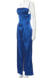 Blue Sexy Solid Patchwork Backless Slit Fold Spaghetti Strap Straight Dresses