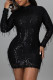 Black Sexy Solid Sequins Patchwork O Neck One Step Skirt Dresses