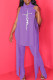 Purple Fashion Print Slit Fold Turtleneck Sleeveless Two Pieces
