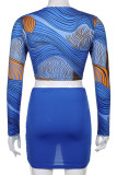 Blue Sexy Print Hollowed Out Patchwork Asymmetrical V Neck Long Sleeve Two Pieces